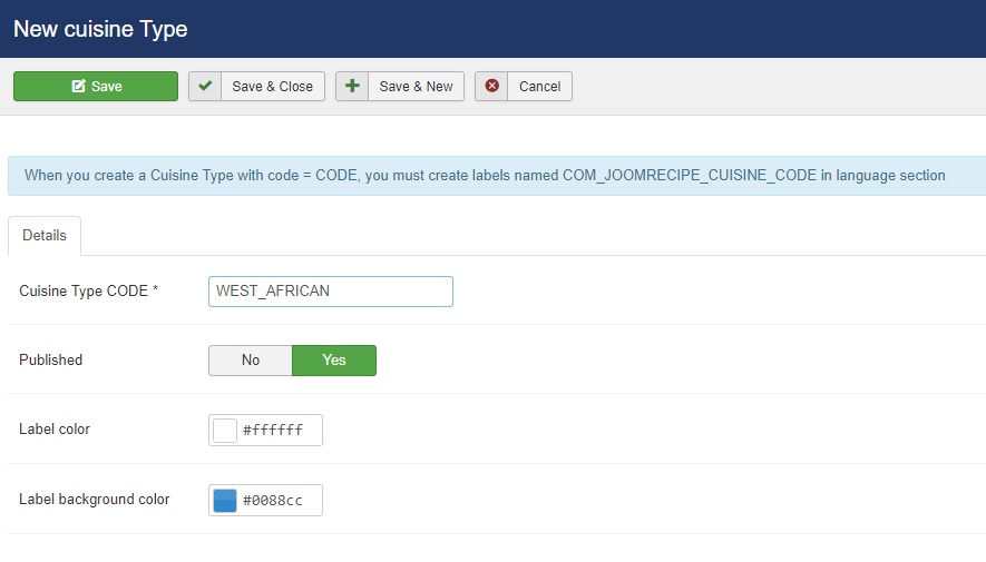 add new cuisine type in joomrecipe
