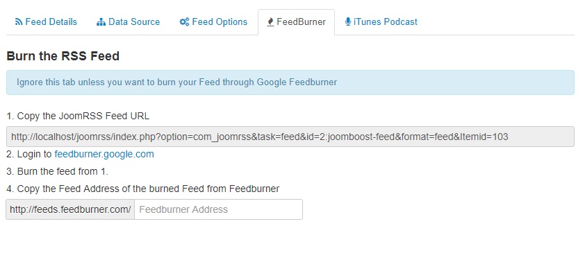feedburner integration joomrss