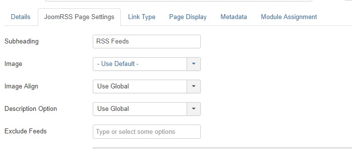 menut item page settings joomrss