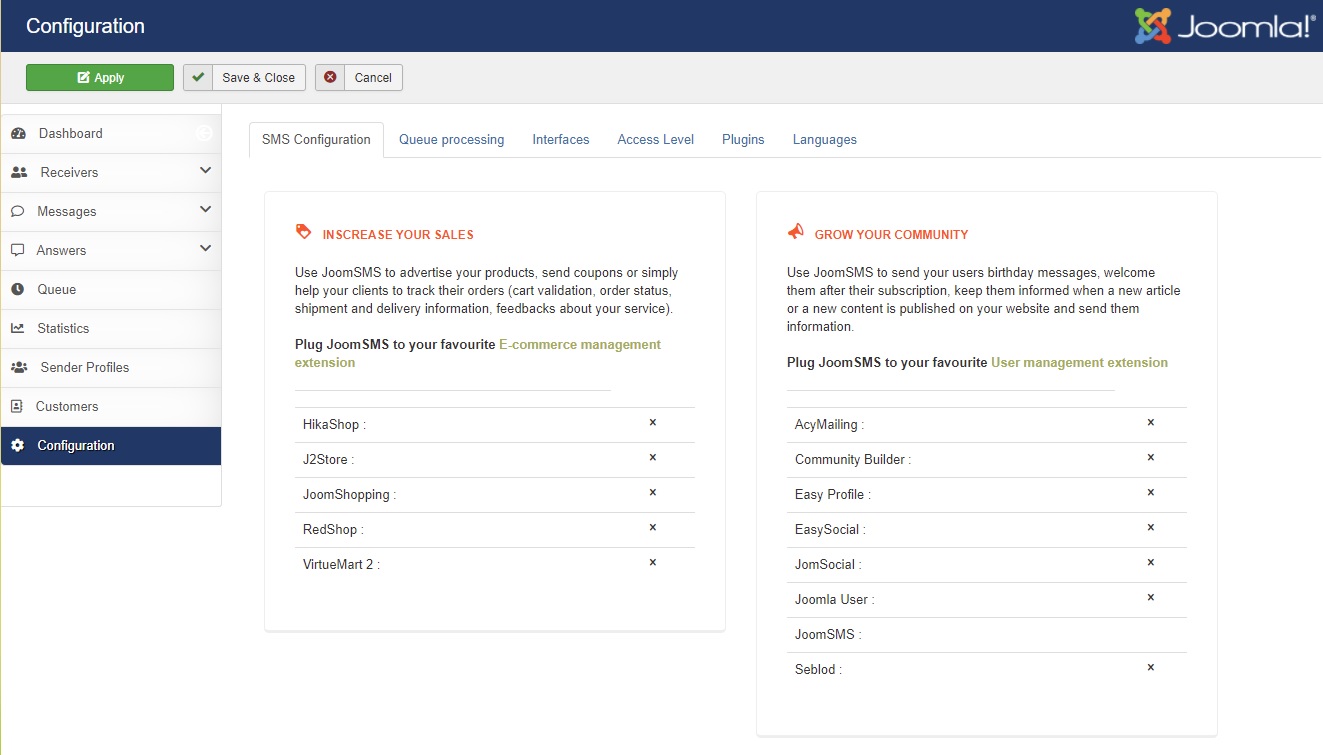 joomsms config