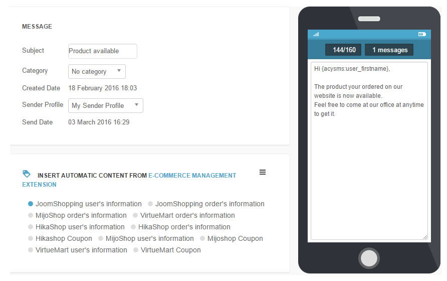 joomsms createsms