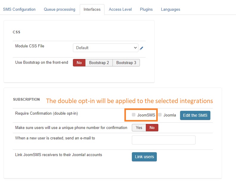joomsms double optin