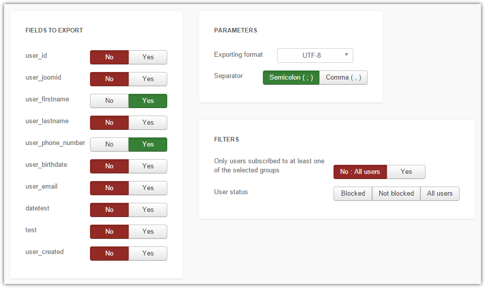joomsms export users