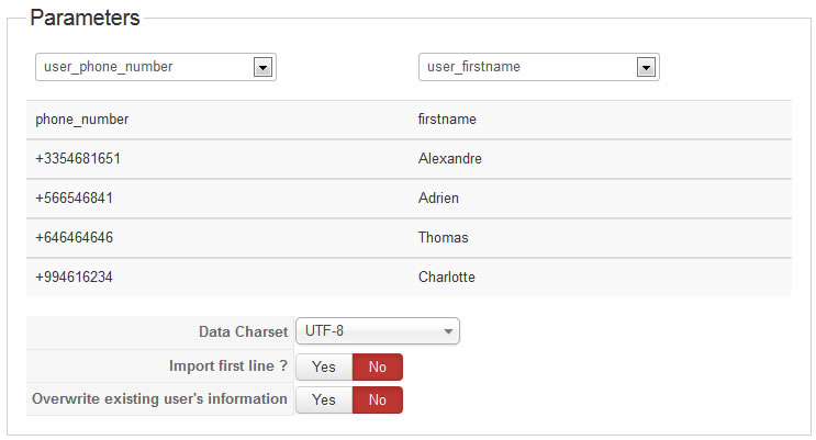 joomsms import users matchfields