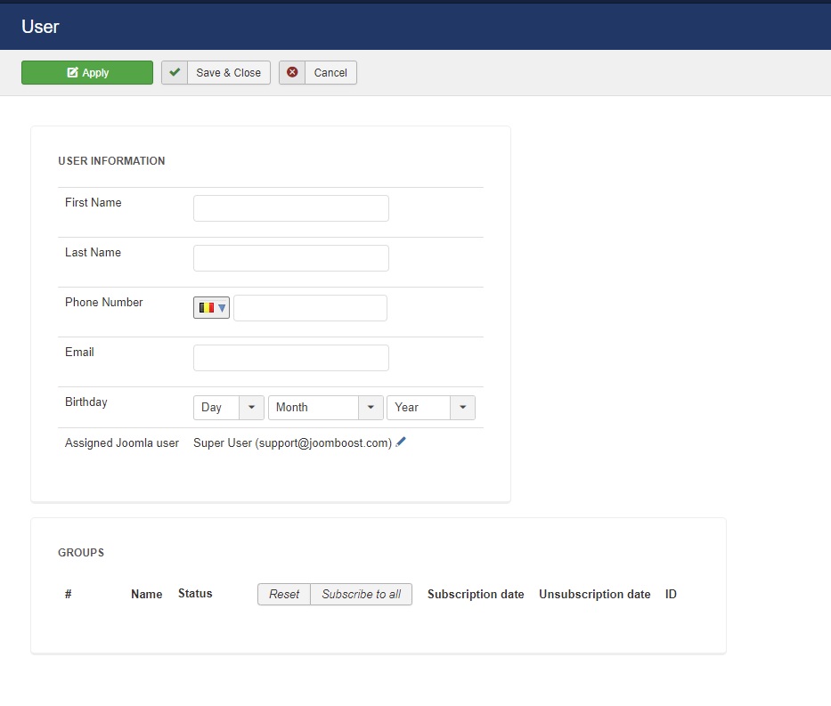 joomsms user form