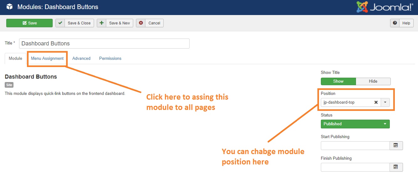 Setup dashboard buttons module - JoomProject