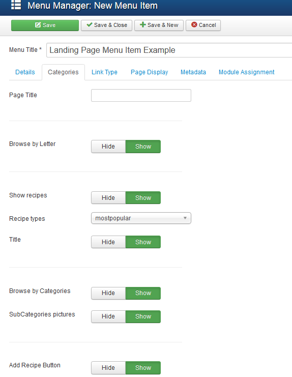 Additional options in landing page menu item
