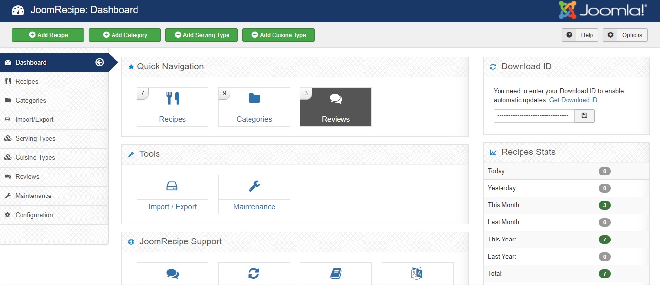 JoomRecipe Dashboard