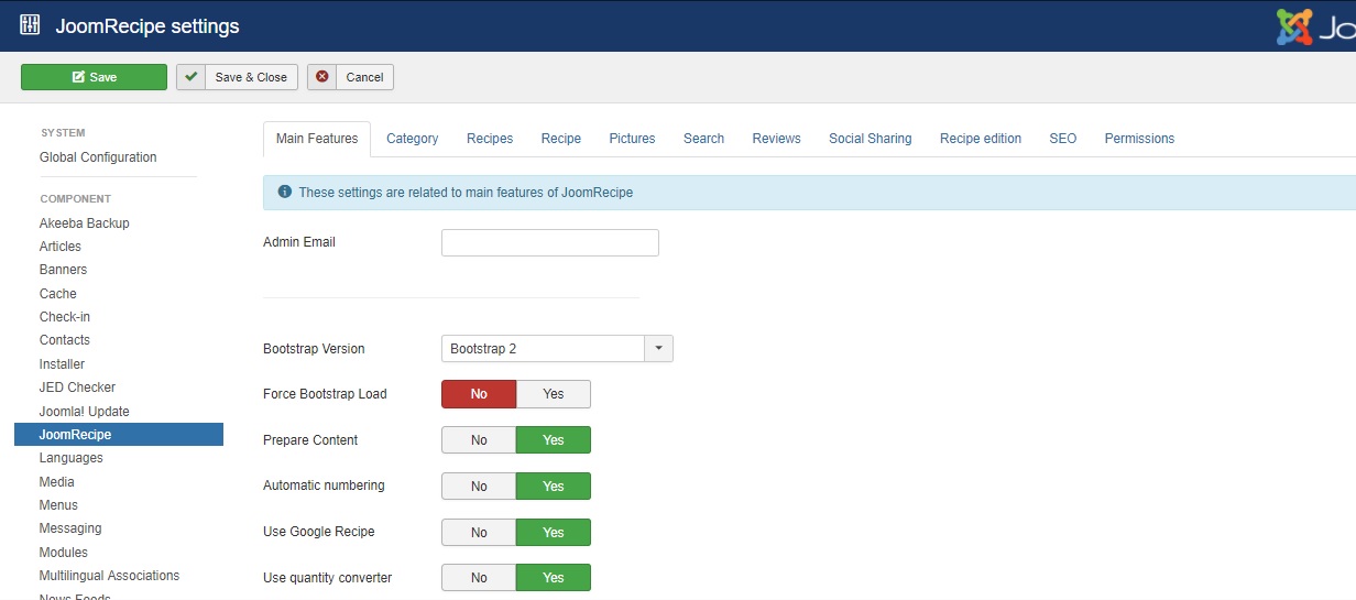 JoomRecipe Main Features