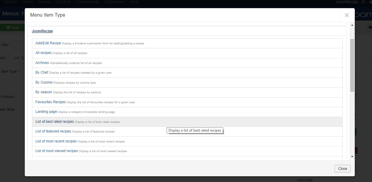 JoomRecipe Menu Items
