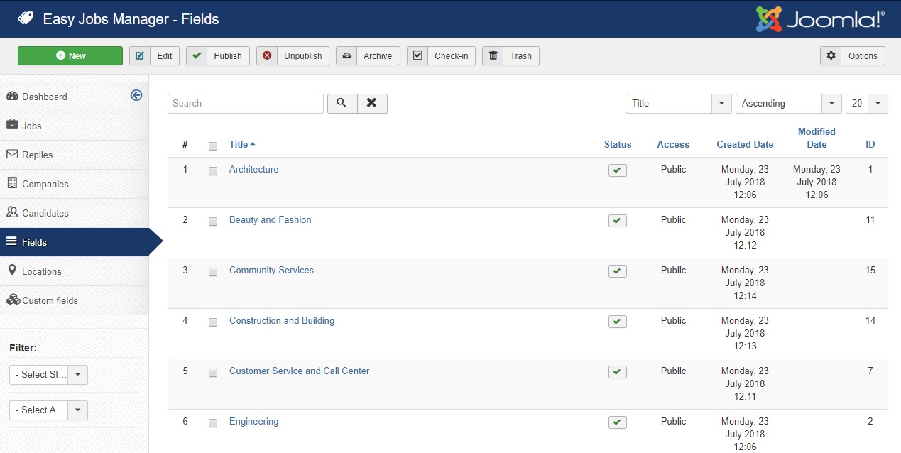 fields list in administration