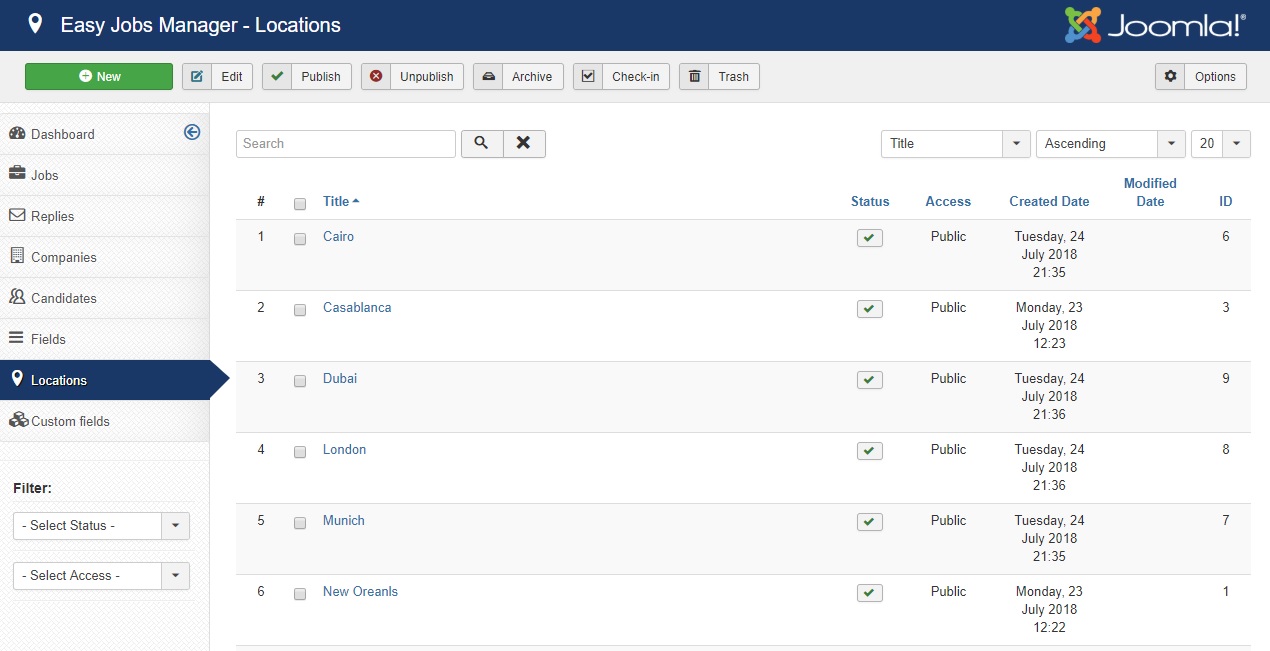 locations list in administration