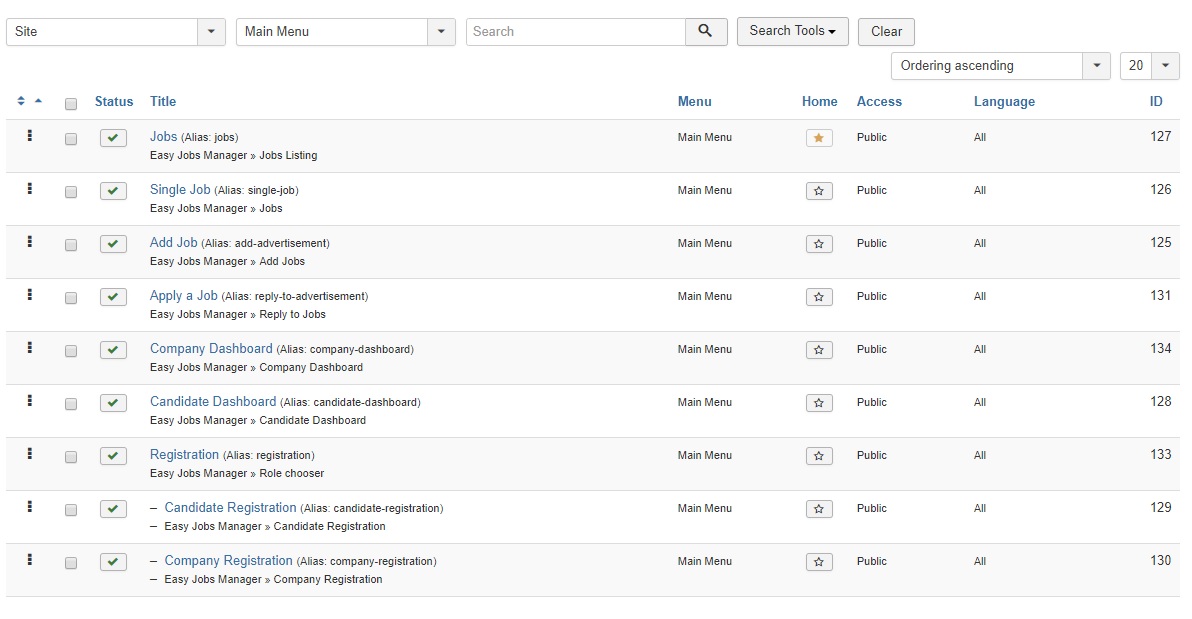 menu items list in administration