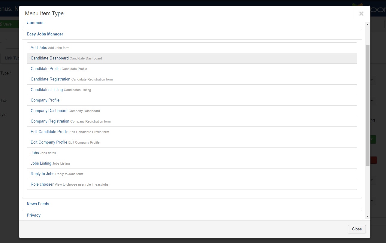 menu types list in modal