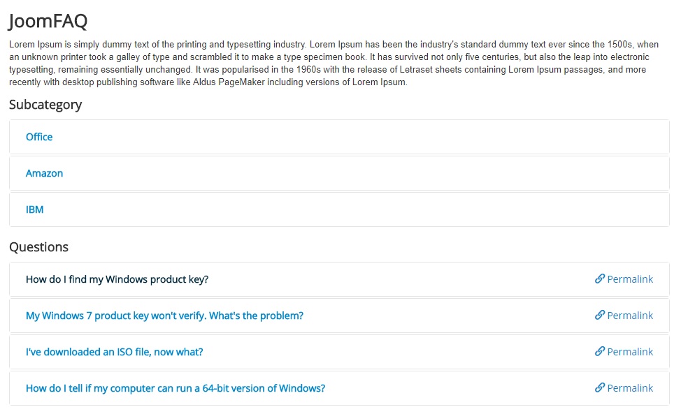 FAQ page with subcategories