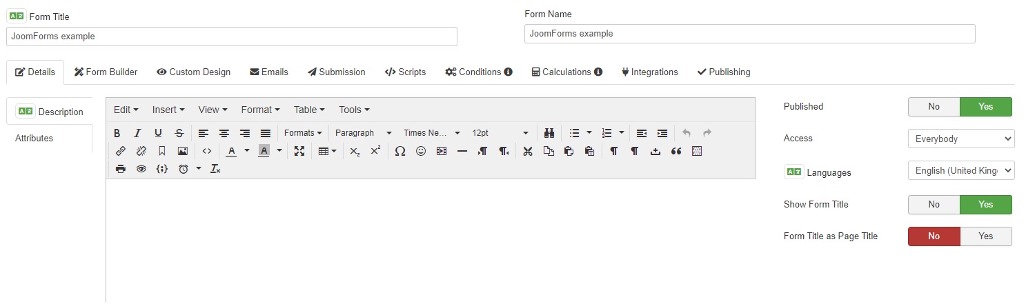 joomforms new form tab details