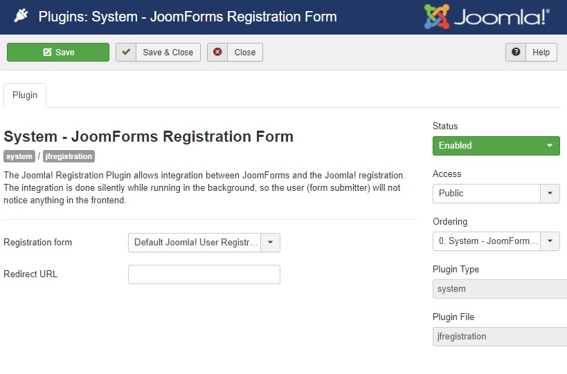 joomforms plugin registration config