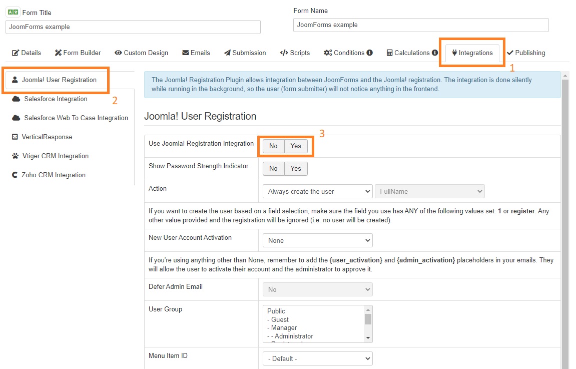 joomfroms user registration integration