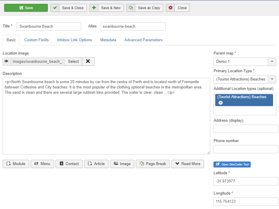 joommap add new location form