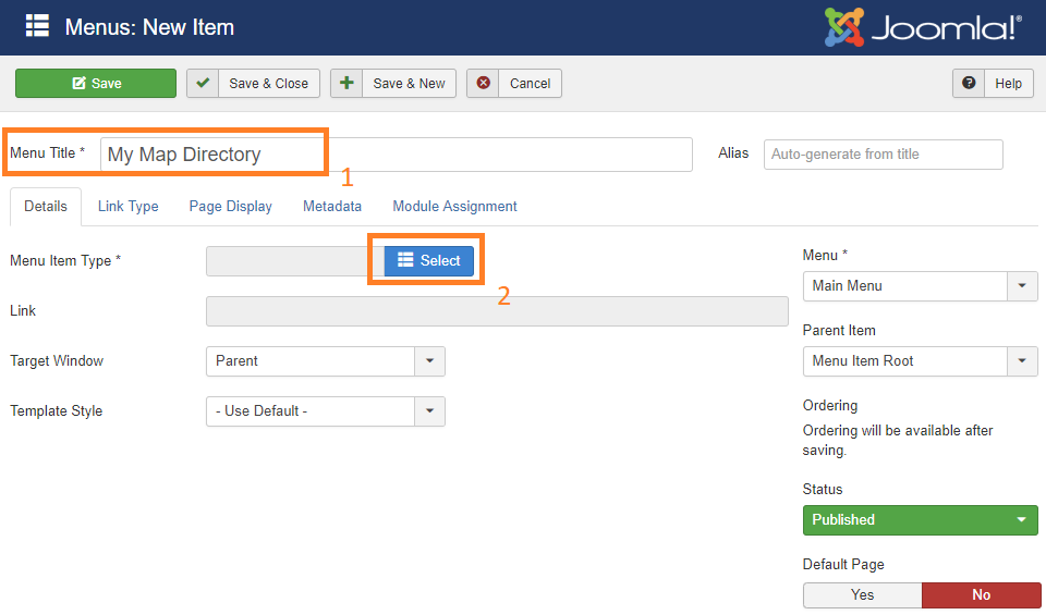 joommap add new menu item form