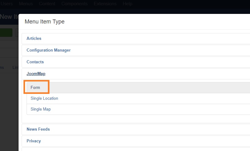 joommap menu item type form