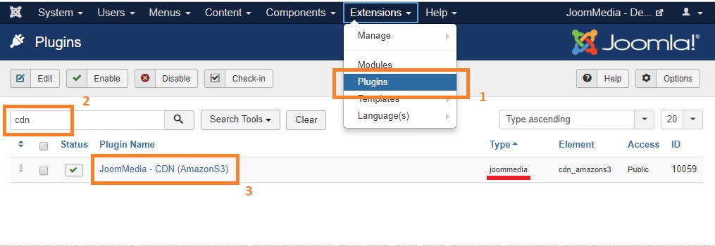 Find and enable Amazon S3 plugin Joommedia