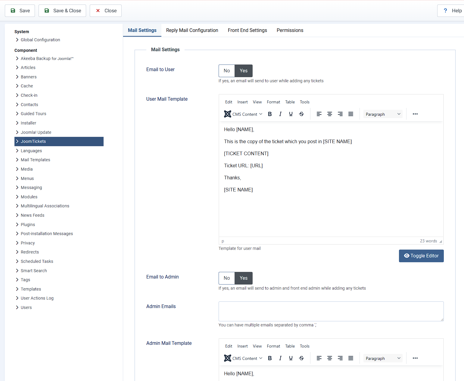 joomtickets config mail settings