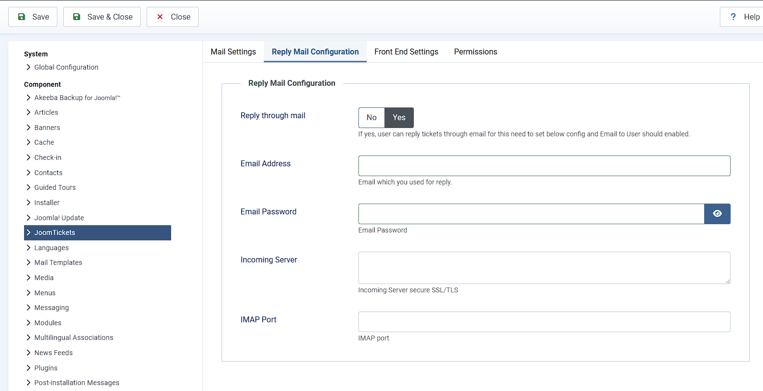 joomtickets reply mail config