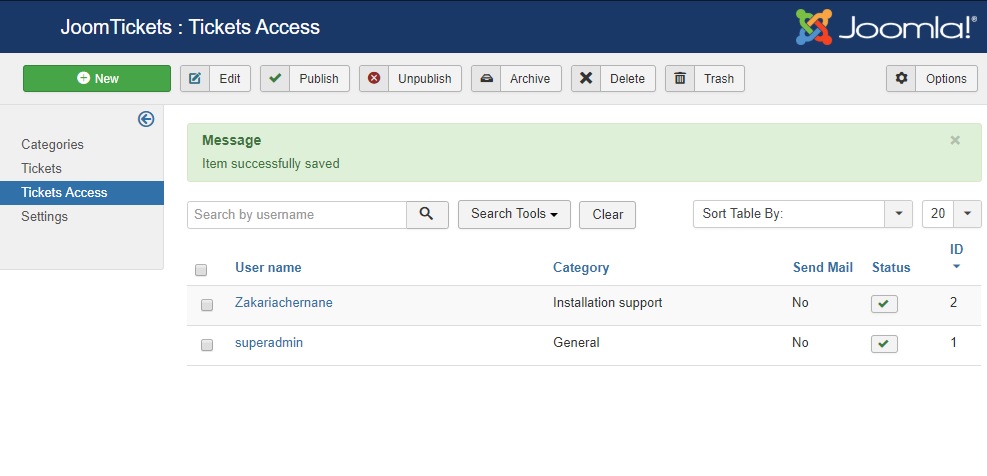 tickets access list in backend